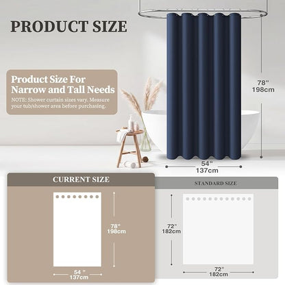 54x78 Linen Textured Waterproof Fabric Shower Curtain Set, Navy Blue | Narrow Long Size, 230GSM Polyester, Heavy Duty Cloth, Weighted Hem, 10 Hooks, Modern Luxury Hotel Style, Machine Washable