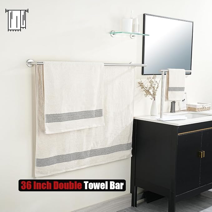 JQK Double Bath Towel Bar, 39 Inch 304 Stainless Steel Thicken 1mm Towel Rack for Bathroom, Bath Towel Holder Brushed Wall Mount, Useable Length 36 Inch, TB100L36-BN