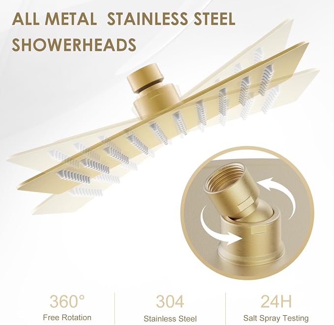 8 Inch Rain Shower Head Brushed Gold - All Metal Stainless Steel 304, Ultra Thin Design, Square Rainfall Showerheads Modern Bathroom - Full Body Coverage Bath Shower