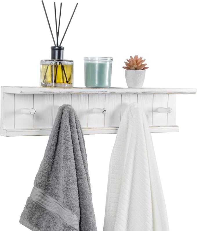 MyGift Wall Mounted White Wood Bathroom Shelf with 5 Hooks Towel Rack | Open Display Shelving with Five Hanging Pegs for Towels, Robes, Keys & Everyday Essentials, Rustic Farmhouse Style