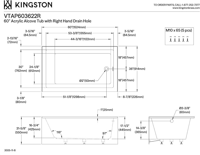 Kingston Brass Aqua Eden VTAP603622R 60-Inch Acrylic Alcove Tub with Right Hand Drain, White