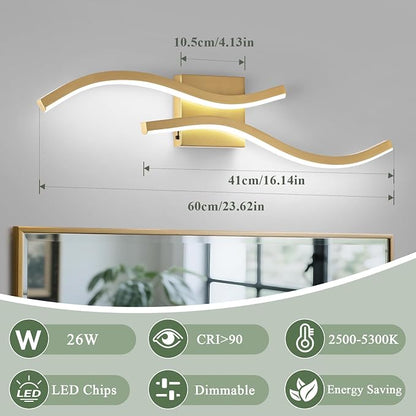 2 Packs Gold Bathroom Vanity Light Fixture,24in 5CCT Dimmable Modern Led Bathroom Light Fixtures Over Mirror, 26W LED Vanity Lighting Bar for Bathrooms (Gold,2 Packs, 24inch)