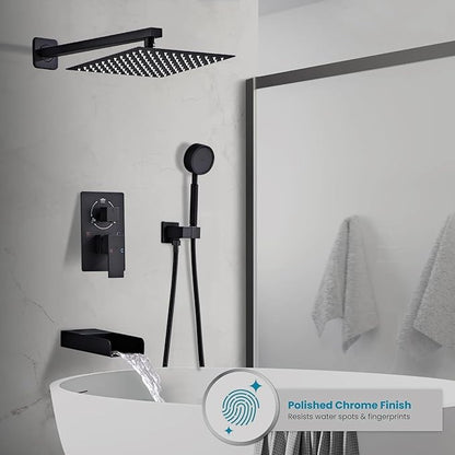 Matte Black Shower System With Tub Spout Faucet Set, Wall Mounted 10 Inch Shower Heads with Handheld Spray Combo and Tub Shower Faucet, Luxury Bathroom Square Rain Shower System - 4 Hooks
