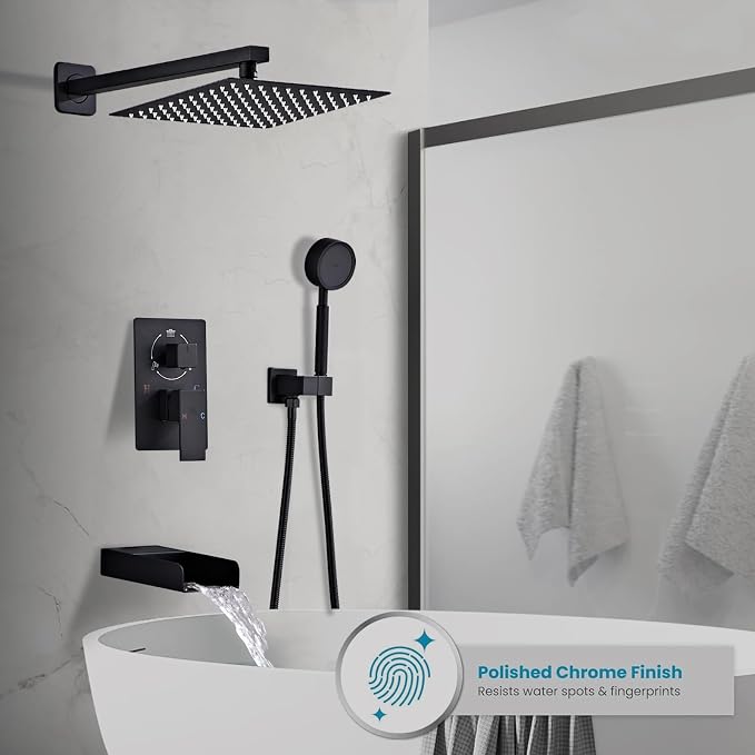 Matte Black Shower Tub Faucet Set, Wall Mounted 8 Inch | Shower Heads with Handheld Spray Combo and Tub Shower Faucet, Luxury Bathroom Square Rain Shower System