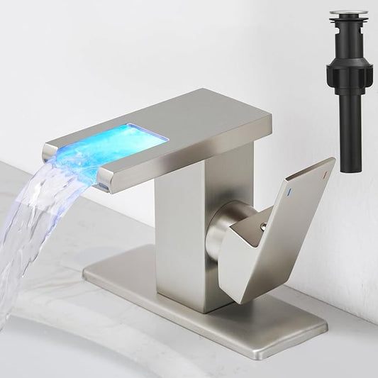 Hoimpro LED Waterfall Bathroom Faucet Brushed Nickel, Single Handle Bathroom Sink Faucet 1 Hole, 3 Colors Light Changing, with Pop-up Drain and cUPC Supply Lines, Stainless Steel