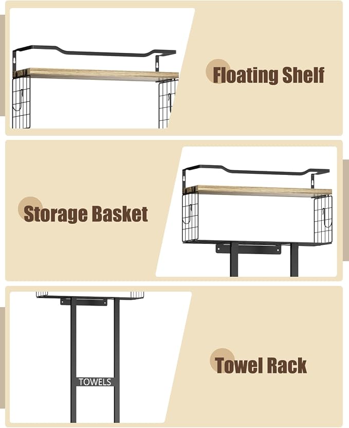 Aetyord Towel Racks for Bathroom - Wall Mounted Metal Rack with Wood Plank, Bathroom Storage Organizer, Towel Holder Stores 6 Large Rolled Towels Easily, Black with Wood Plank