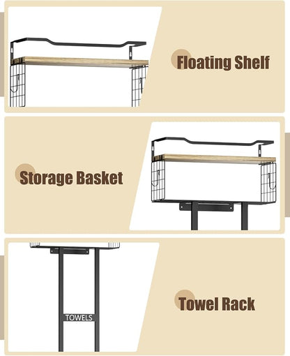 Aetyord Towel Racks for Bathroom - Wall Mounted Metal Rack with Wood Plank, Bathroom Storage Organizer, Towel Holder Stores 6 Large Rolled Towels Easily, Black with Wood Plank