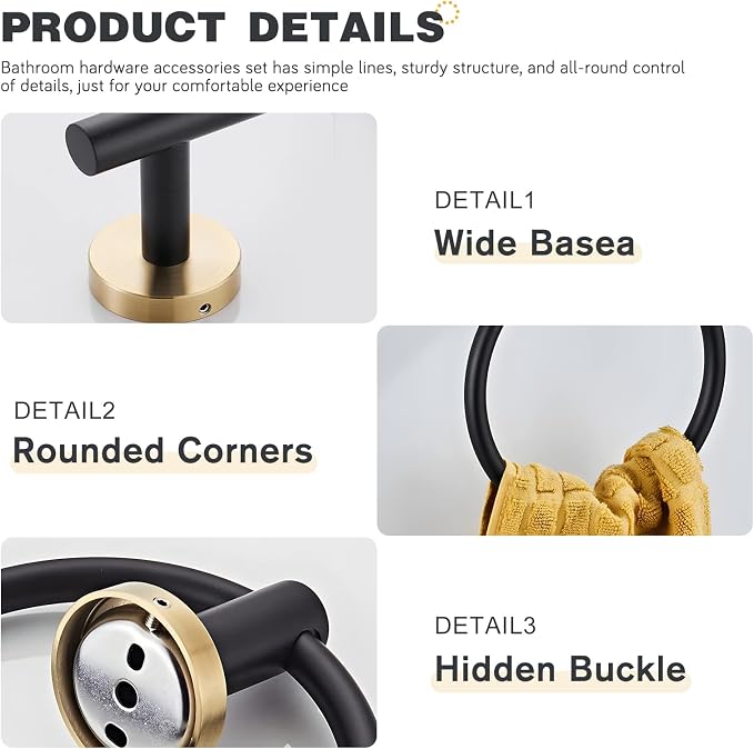 Bathroom Hardware Set 4 Piece Black&Gold Wall Mounted Stainless Steel Hardware Towel Bar Set Gold Bathroom Accessories Towel Rack Set Kit Includes Hand Towel Ring, Toilet Paper Holder, 2 Robe Hook