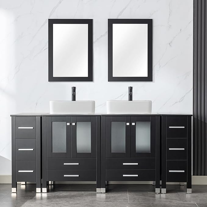 LUCKWIND 72" Double 24-in Bathroom Vanity with Sink Combo, Elegant Series with Two 12.6-in Side Cabinets, Painted Frame, Including Black Line Rectangle Sinks, Faucets Without Mirrors, Black