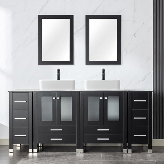 LUCKWIND 72" Double 24-in Bathroom Vanity with Sink Combo, Elegant Series with Two 12.6-in Side Cabinets, Painted Frame, Including Black Line Rectangle Sinks, Faucets Without Mirrors, Black