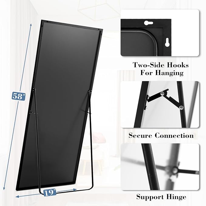 NEWBULIG Full Length Floor Mirror 58"x19", Body Standing Mirror | Wall Hanging or Leaning, Shatter-Proof Glass, Aluminum Alloy Frame with Stand, Home Decor Bedroom, Black