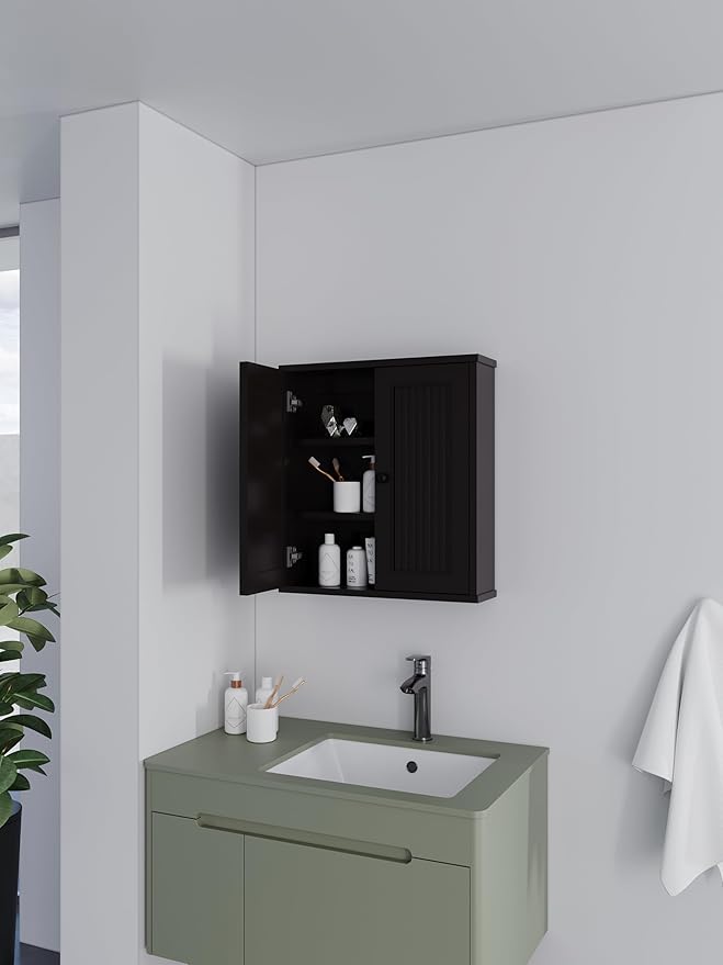 Waterproof WPC Wall-Mounted Bathroom Wall Cabinet Over The Toilet Storage Cabinet with Adjustable Shelves, Medicine Cabinet for Bathroom (Black)