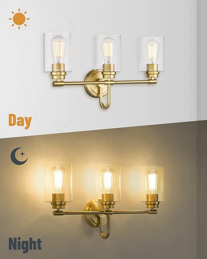 Gold Bathroom Light Fixtures, 3-Light Vanity Light Over Mirror Lighting with Cylinder Glass Shade, KW-7306-3