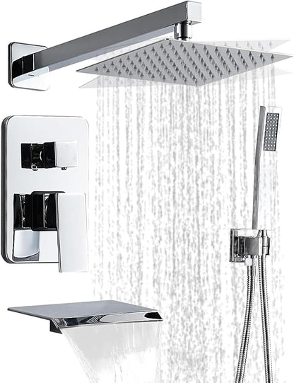 Chrome Shower Faucet Set with Tub Spout 10 Inch Shower Head | Tub and Shower Faucet Combo, Rain Shower and Handheld Shower System Square Wall Mount for Bathroom