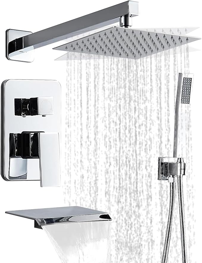 Chrome Shower Faucet Set with Tub Spout 8 Inch Rain Shower | Shower Head and Handle Set, Tub and Shower Faucet Combo Handheld Shower System Square Wall Mount for Bathroom