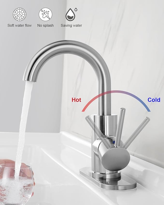 RKF Single-Handle Swivel Spout Bathroom Sink Faucet with Pop-up Drain with Overflow and Supply Hose,Bar Sink Faucet,Small Kitchen Faucet Tap,Brushed Nickel,BF3501P-BN