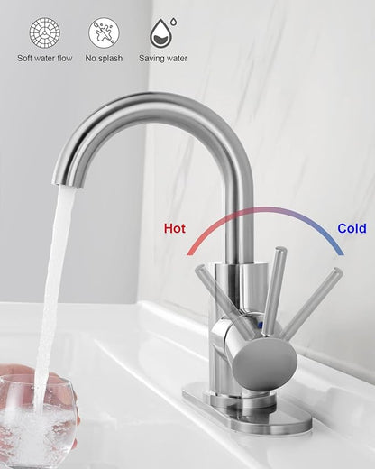 RKF Single-Handle Swivel Spout Bathroom Sink Faucet with Pop-up Drain with Overflow and Supply Hose,Bar Sink Faucet,Small Kitchen Faucet Tap,Brushed Nickel,BF3501P-BN