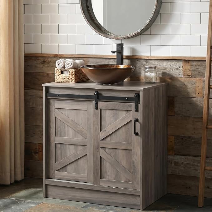 30" Barn Door Bathroom Vanity, Farmhouse Style Standing Pedestal Cabinet with Brown Round Glass Vessel Sink
