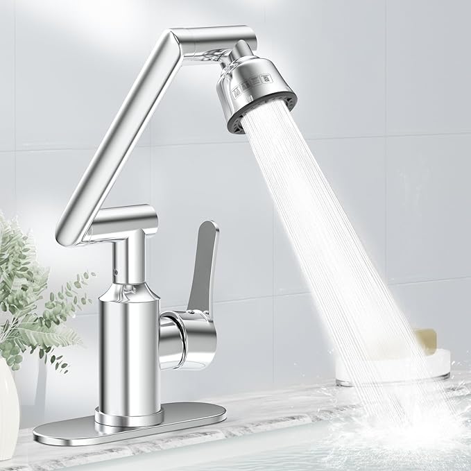 Stainless Steel Bathroom Sink Faucet, 1080° Rotatable, Silver | Fit 1 Hole Sink, 4 Water Outlet Modes, Three-stage Rotating Design, Flexible Adjustment, Anti-Rust, No Leakage, Single Handle