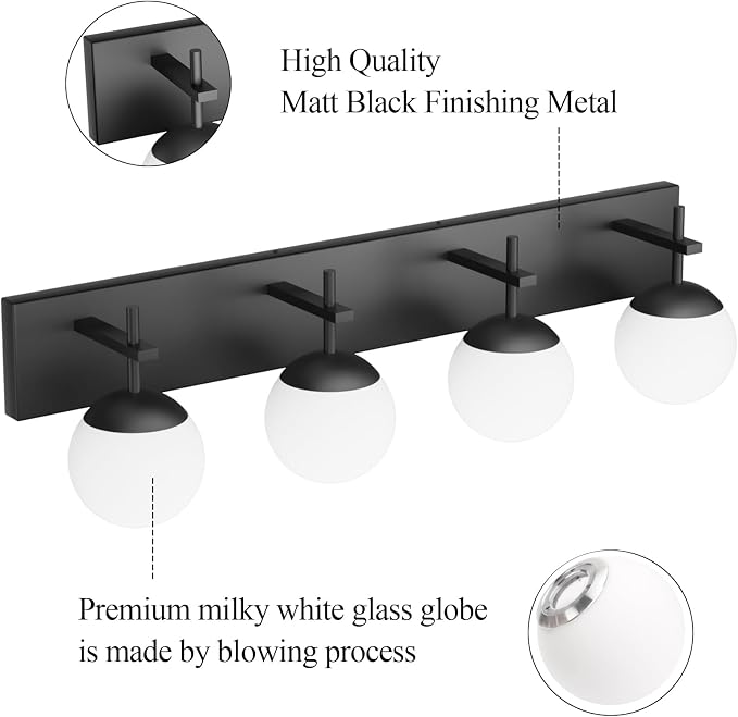 Ralbay Mid Century Modern Vanity Lights 4-Light Mid Century Modern Bathroom Light Fixtures Over Mirror, Milky Glass Globe Matte Black Bathroom Wall Light Fixture (Exclude Bulb)