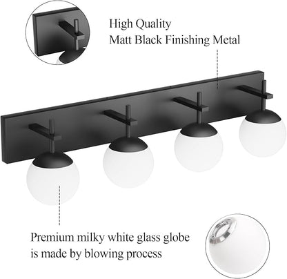 Ralbay Mid Century Modern Vanity Lights 4-Light Mid Century Modern Bathroom Light Fixtures Over Mirror, Milky Glass Globe Matte Black Bathroom Wall Light Fixture (Exclude Bulb)
