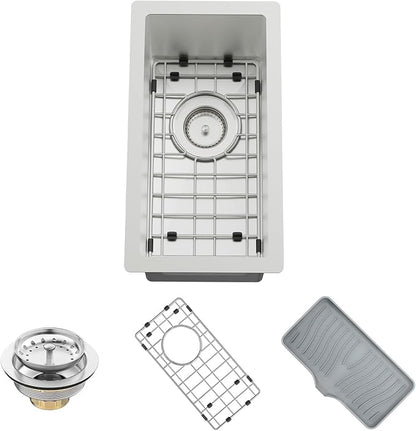 10x18In Stainless Steel Kitchen And Bar Sink, Undermount, Single Bowl | Small Kitchen And Bar Sink Set, Include SS Grid,Silicone Mat And Drain Assembly, Ideal Choice For Small Space
