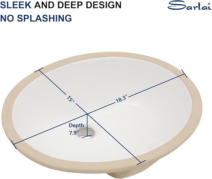 Sarlai Oval Vessel Undermount Bathroom Sink - 18x15 Inch, White Ceramic, Modern Art Basin, 16.25"x13.25"x5.5" with Overflow