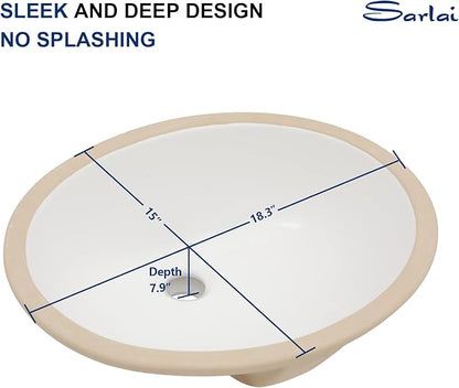 Sarlai Oval Vessel Undermount Bathroom Sink - 18x15 Inch, White Ceramic, Modern Art Basin, 16.25"x13.25"x5.5" with Overflow