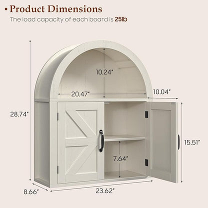 Arched Bathroom Wall Cabinet, Farmhouse Medicine Cabinet with Barn Door and with Adjustable Shelf, 23.6 x 28.7'' Wooden Storage Cabinet Wall Mounted for Bathroom Laundry Room Kitchen, Rustic White