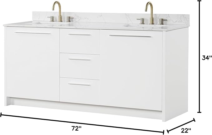 Nona 72" Solid Wood Double Sink Bathroom Vanity | Marble Countertop & Backsplash | Soft Closing Doors & Drawers | Nickel Brushed Handles | White Cabinet Undermount Ceramic Sink Top | Pre-Assembled