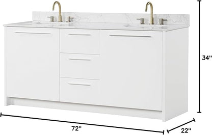 Nona 72" Solid Wood Double Sink Bathroom Vanity | Marble Countertop & Backsplash | Soft Closing Doors & Drawers | Nickel Brushed Handles | White Cabinet Undermount Ceramic Sink Top | Pre-Assembled
