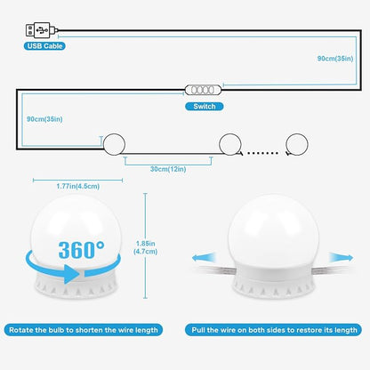LED Vanity Lights For Mirror, Vanity Lights Stick on with 10 Dimmable Bulbs | 3000K 4000K 6500K & 10 Level Brightness Adjustable, USB Cable, Hollywood Mirror Lights for Makeup Dressing Room Bathroom