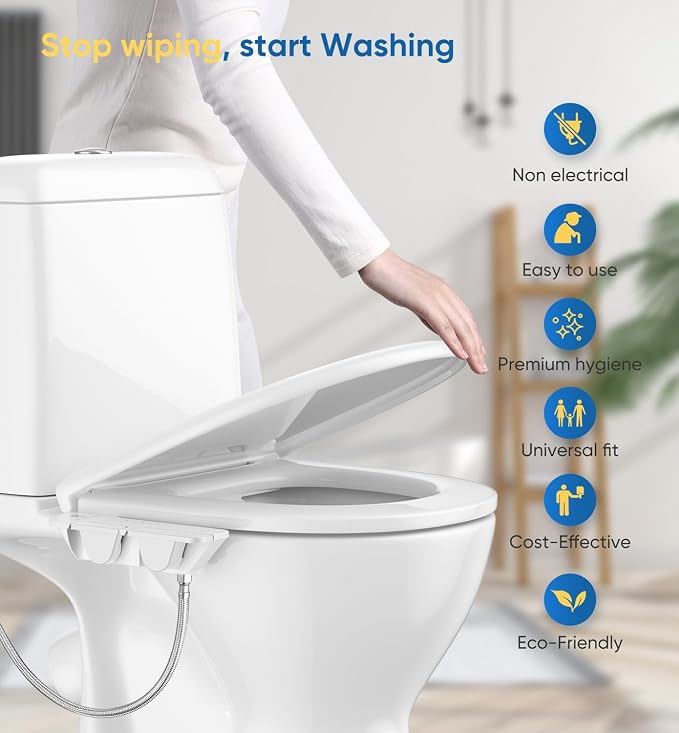 Ultra-Slim 3-in1 Bidet, Self-Cleaning, Posterior&Feminine Wash-(Retractable Dual Nozzles), Non-Electric Bidet Attachment for Toilet Seat, Adjustable Fresh Cold Water Pressure, Stainless Steel Inlet