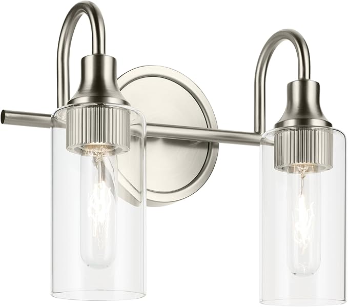 Kichler Kavi 12.5" 2-Light Vanity Light with Clear Glass in Brushed Nickel, Damp Rated, for Bathroom, Powder Room, Over a Mirror, (12.5" W x 10" H), 55210NI