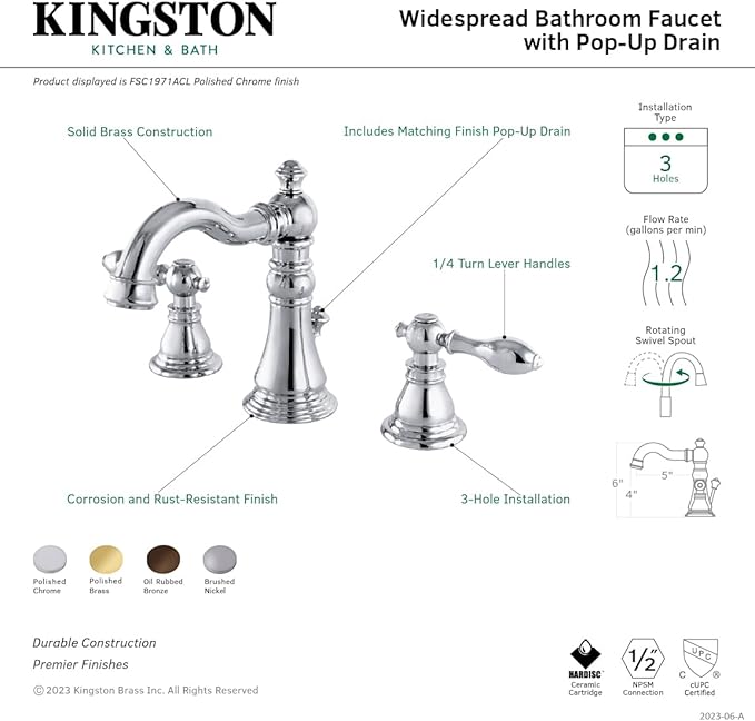 Fauceture FSC1978ACL American Classic Widespread Bathroom Faucet with Pop-Up Drain, Brushed Nickel