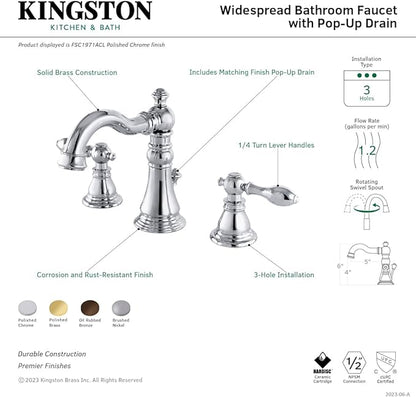 Fauceture FSC1972ACL American Classic Widespread Bathroom Faucet with Pop-Up Drain, Polished Brass