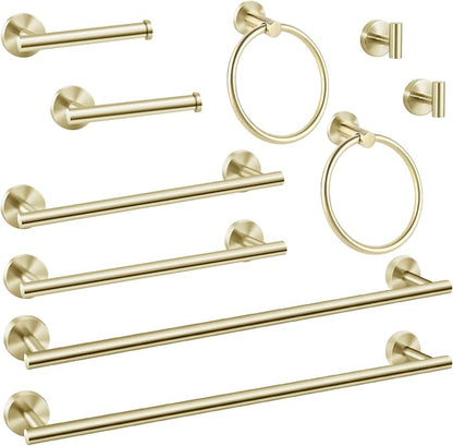 10 Piece Brushed Gold Bathroom Hardware Set, Towel bar Set for Bathroom | 24 inch Silver Towel bar, Bathroom Towel Rack, Towel Ring, Toilet Paper Holder, Towel Hook, Bathroom Accessories Set