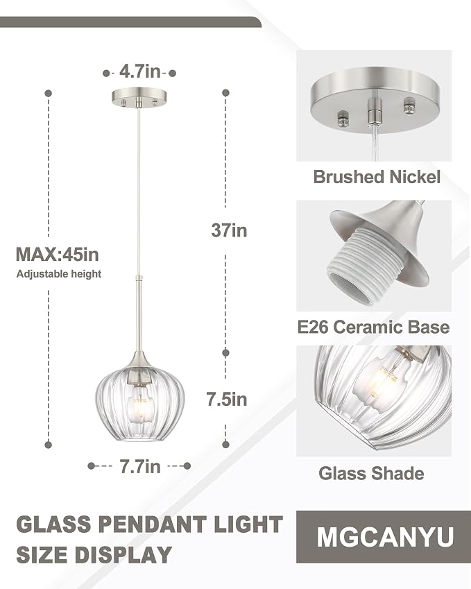Glass Pendant Lights for Kitchen Island, 7.7" Modern Brushed Nickel Pendant Light Fixtures Mini Adjustable Hanging Light for Kitchen, Dining Room, Sink, Bathroom