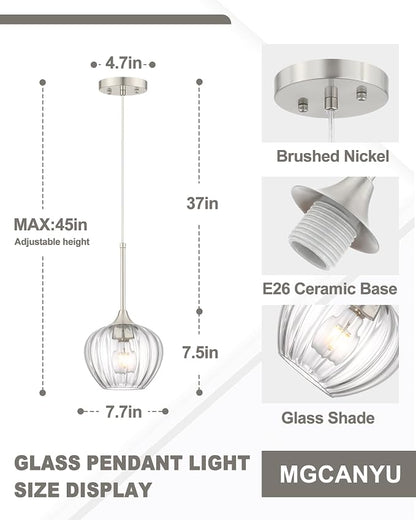 Glass Pendant Lights for Kitchen Island, 7.7" Modern Brushed Nickel Pendant Light Fixtures Mini Adjustable Hanging Light for Kitchen, Dining Room, Sink, Bathroom