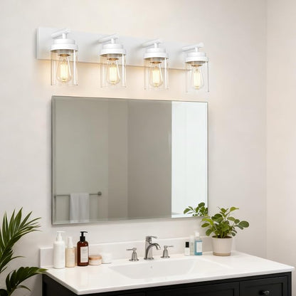 IZORRO Bathroom Vanity Light Fixture, 4-Light 30 Inch White Bathroom Light Fixtures Over Mirror, with Clear Glass Shade, Modern Farmhouse Vanity Lights, Rustic Restroom Lighting Fixtures