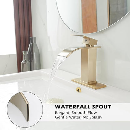 BWE Bathroom Vessel Faucet, Brushed Gold Waterfall Faucet with Pop-up Drain and Water Lines for Vanity Sink, Stainless Steel Construction