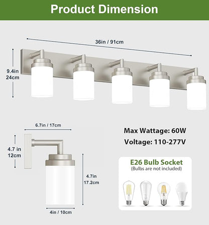 Bathroom Light Fixtures, Brushed Nickel Bathroom Lighting Fixtures Over Mirror, Modern Vanity Light with White Glass Shade, Restroom Lighting Fixtures, 5-Light 36-inch
