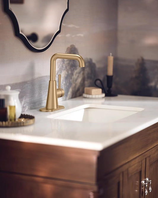 Moen Ronan Bronzed Gold Double Bend Single Hole Modern Bathroom Sink Faucet with Optional Deckplate and Spring Loaded Drain Assembly, 84024BZG
