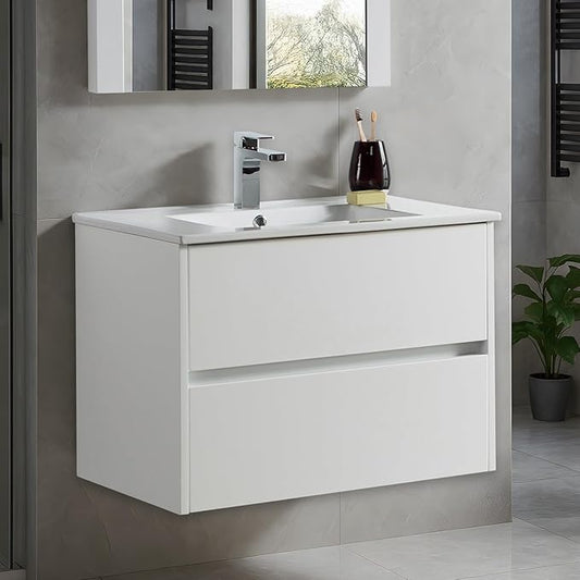 Blossom 30 Inch Single Bathroom Vanity with Ceramic Sink | All Wood Floating Vanity Cabinet | 2 Soft-Closing U-Shaped Cutout Drawers | Modern Vanities with Storage, Glossy White