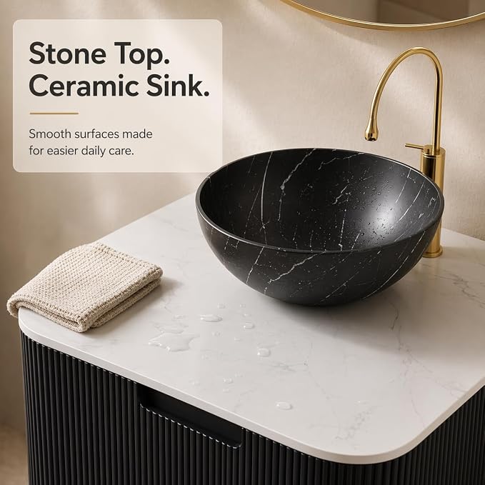 30 Inch Bathroom Vanity with Sink, Floating Wall Mounted Single Sink Vanity, Black Curved Fluted Front, Stone Top, Black Marble Vessel Basin, Pre-Assembled