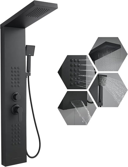 Shower Panel Tower System with Rainfall Shower Head, Powerful Body Jets, Matte Black Shower Tower with Handheld Shower and Tub Spout, Stainless Steel Shower Column High Pressure