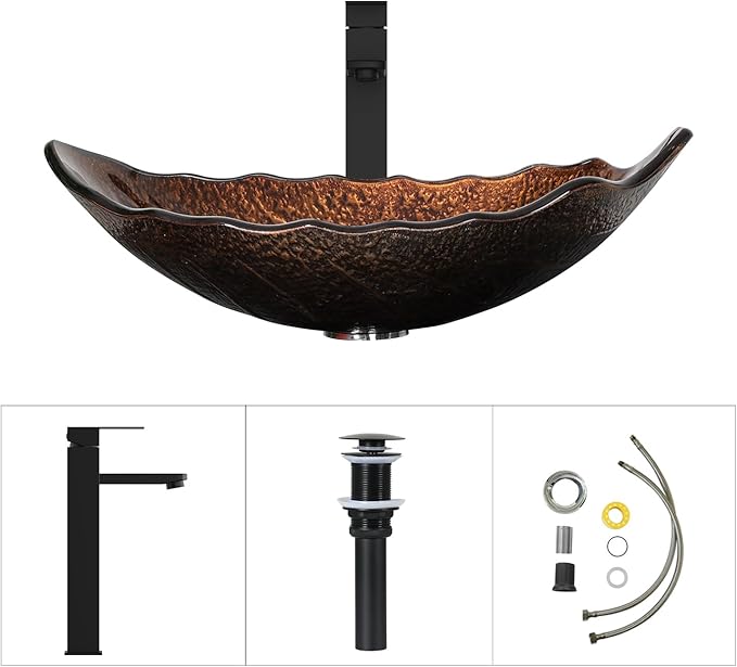 Bathroom Leaf Shape Artistic Glass Vessel Sink Free Black Faucet and Pop-up Drain Set, Brown