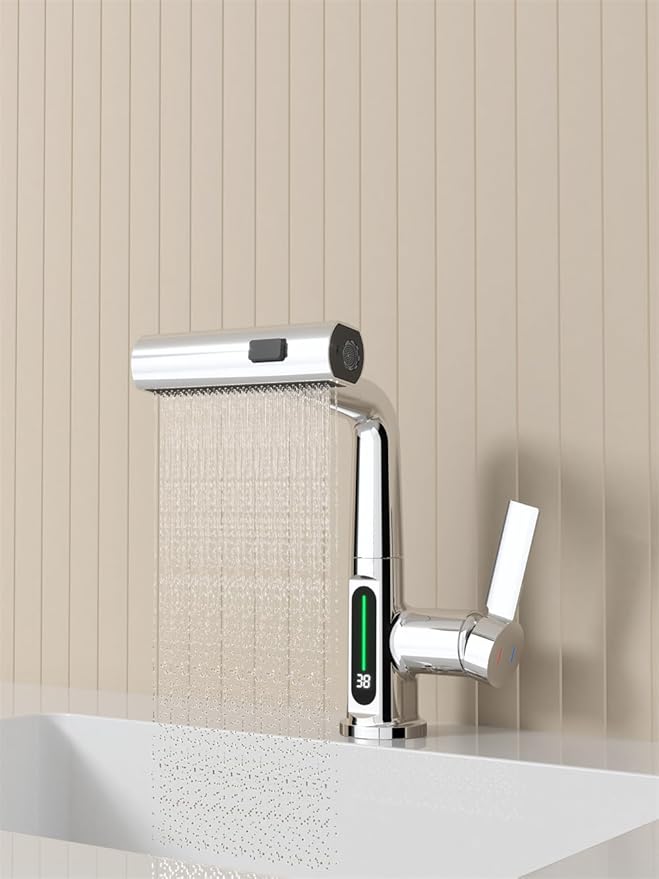 Bathroom Single Handle One Hole Basin Sink Pull Out Faucet with Waterfall Sprayer Temperature Digital Display Vanity Mixer Tap Pull-Down Spray Head Chrome