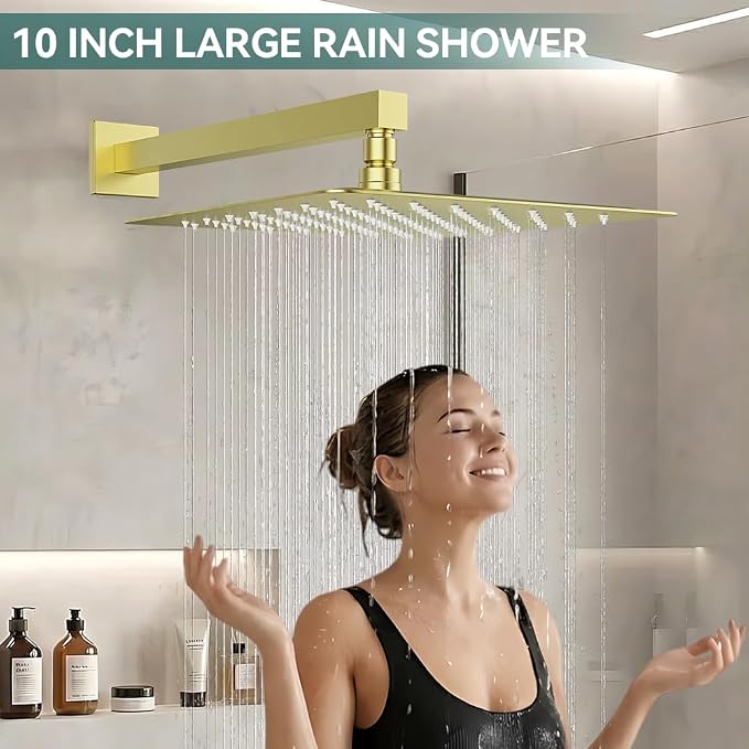 Shower System Shower Faucet Set, STARBATH 10" Wall Mount Rain Shower Head and Handheld Spray for Two Person, Rainfall Shower System with Diverter Valve and Trim Kit Complete,Brushed Gold