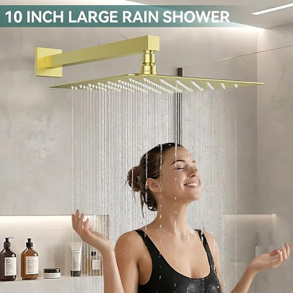 Shower System Shower Faucet Set, STARBATH 10" Wall Mount Rain Shower Head and Handheld Spray for Two Person, Rainfall Shower System with Diverter Valve and Trim Kit Complete,Brushed Gold